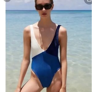 Paper London Corona Two Tone Strappy One Piece Swimsuit Large NWT White Blue